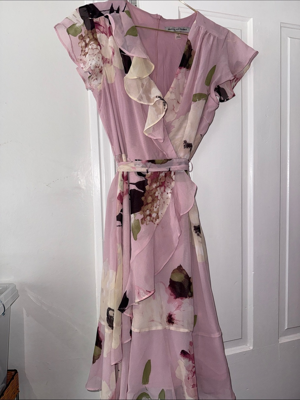 Danny & Nicole Pink Floral Ruffled Wrap Midi Dress